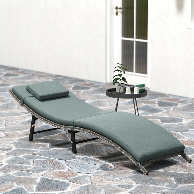 Rattan Folding Sun Lounger with Cushion and Pillow Mixed Grey by Outsunny