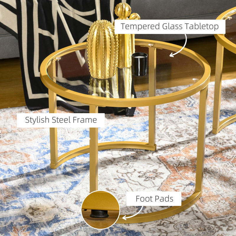 Nest of 2 Modern Round Coffee Tables with Tempered Glass Top and Gold Steel Frame for Living Room