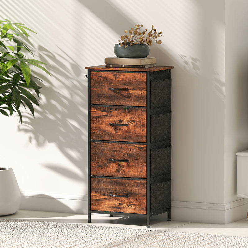 Chest of Four Fabric Storage Drawers with Wood Effect Top for Bedroom or Hallway, Rustic Brown