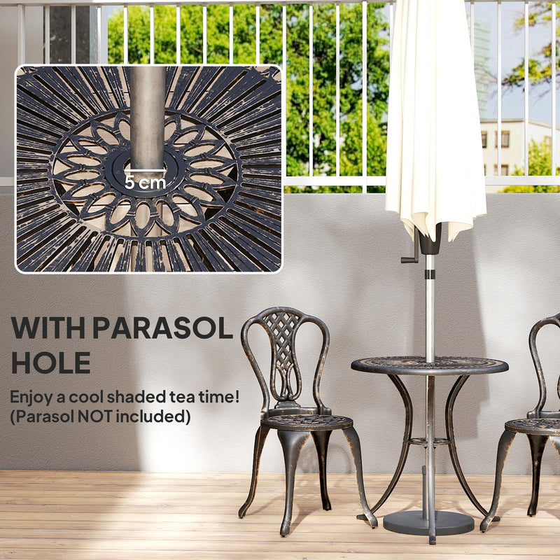 Cast Aluminium Bistro Set for 2 with Umbrella Hole for Patio or Balcony, Bronze Tone Outsunny
