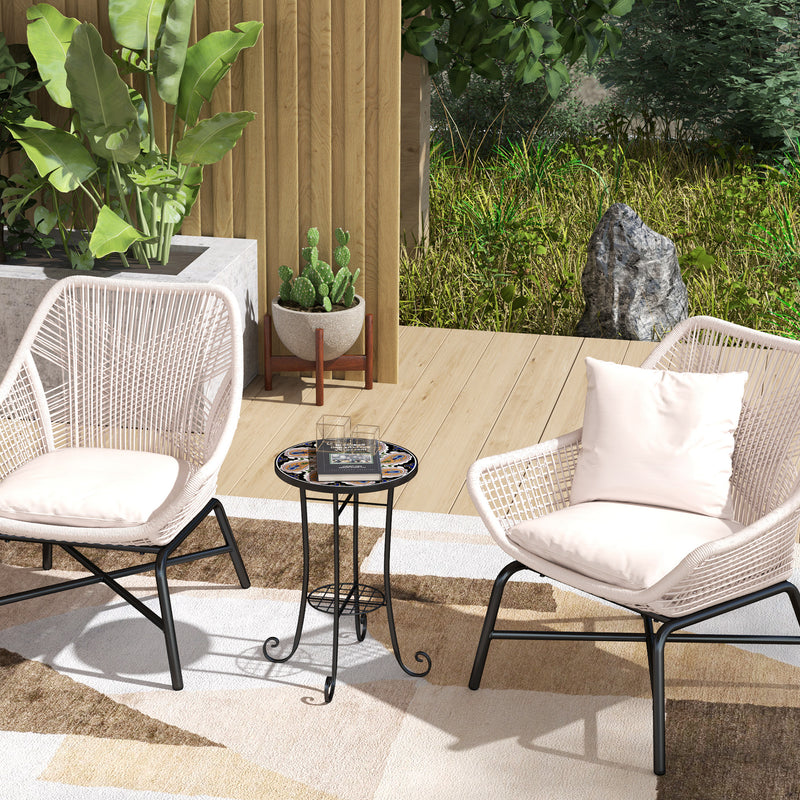 Small Round Mosaic Garden Table with Shelf Ceramic Tile Top for Outdoor and Indoor Use by Outsunny