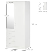 White 2 Door Mirror Wardrobe With Hanging Rail Adjustable Shelf And 3 Drawers 180cm