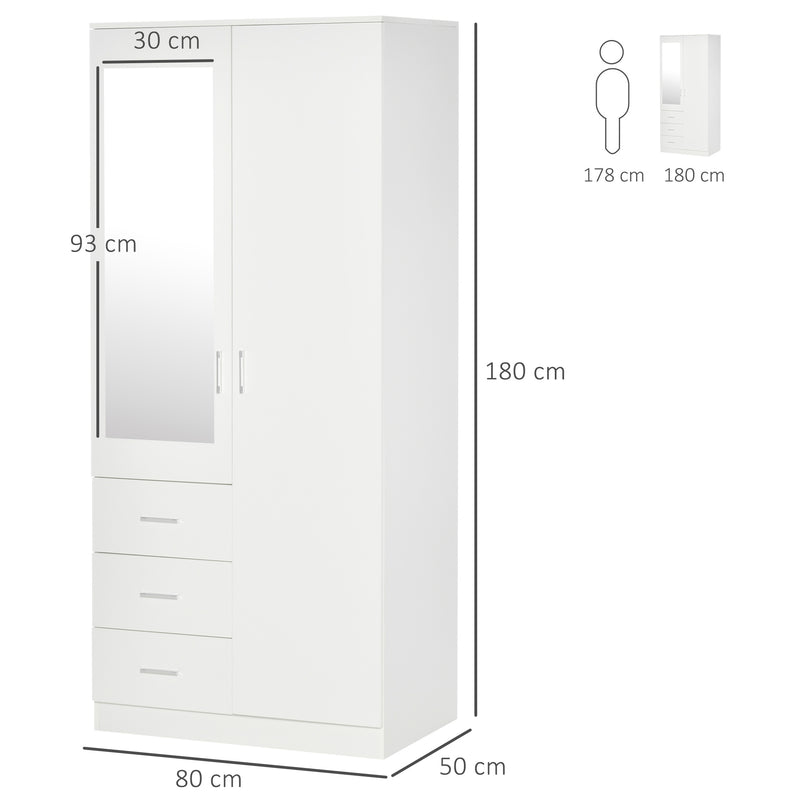 White 2 Door Mirror Wardrobe With Hanging Rail Adjustable Shelf And 3 Drawers 180cm