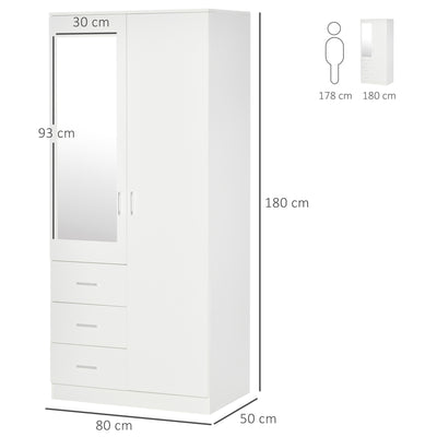 White 2 Door Mirror Wardrobe With Hanging Rail Adjustable Shelf And 3 Drawers 180cm