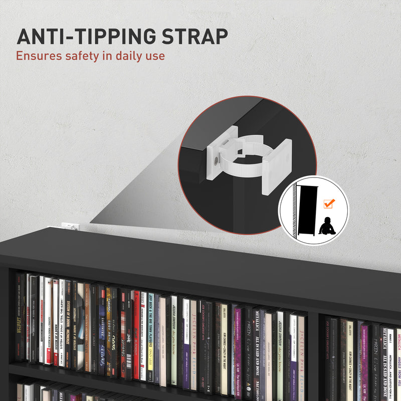 Black Media Storage Cabinet Holds 720 CDs or 396 DVDs with Adjustable Shelves