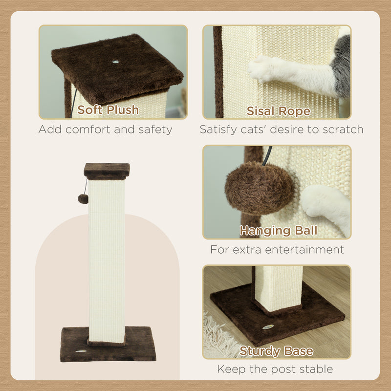 81cm Cat Scratching Post with Sisal Rope Hanging Ball and Soft Plush in Brown by PawHut