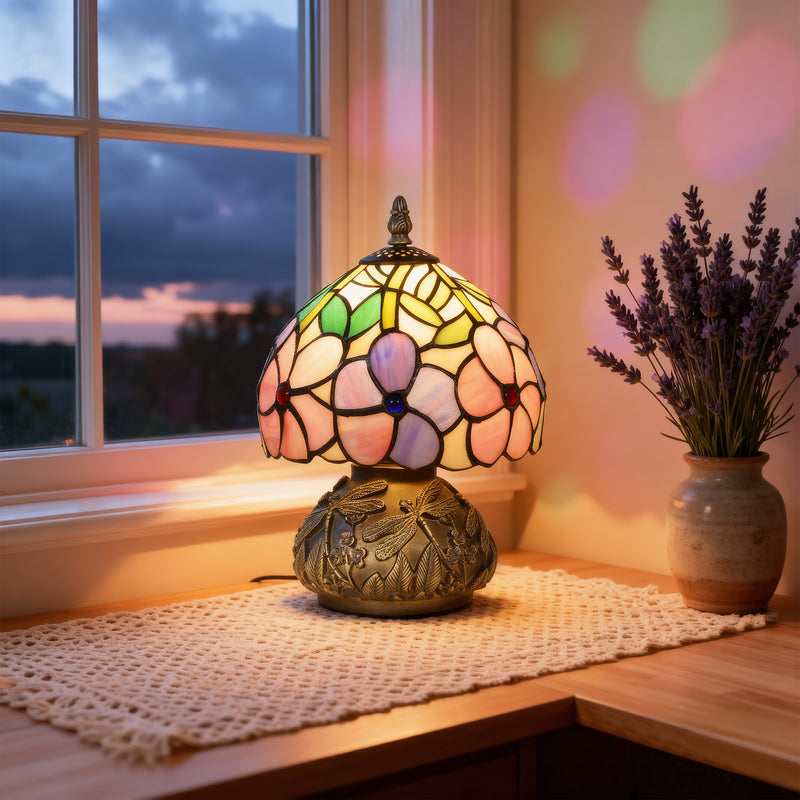 Tiffany Style Table Lamp with Dragonfly Base Handcrafted Stained Glass for Bedroom Pink