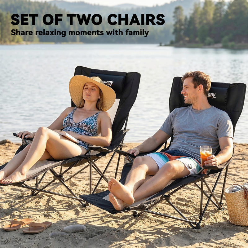 Set of 2 Reclining Camping Chairs with Adjustable Backrest and Cup Holder Black