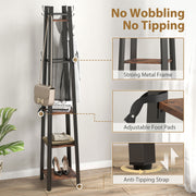 Industrial Coat Stand with 8 Hooks and 4 Storage Shelves for Hallway Organisation, Rustic Brown