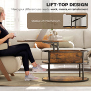 Brown Round Lift Top Coffee Table With Hidden Storage Shelf For Living Room Or Office