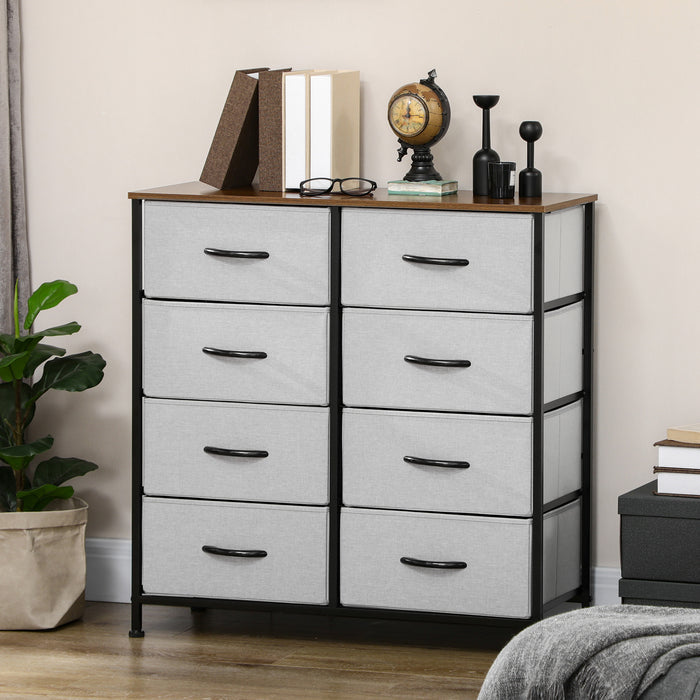 8 Drawer Fabric Storage Chest With Wooden Top For Bedroom Nursery Or Hallway Grey