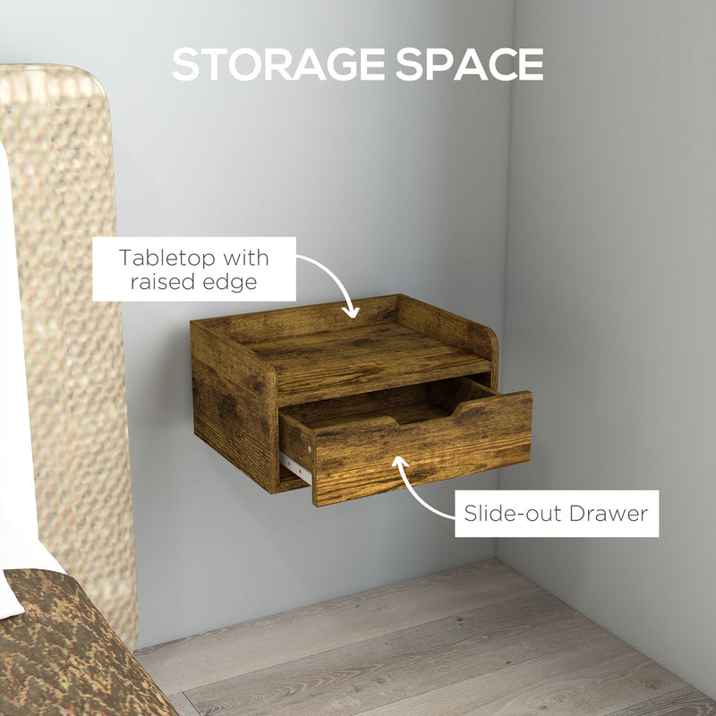 Set of 2 Industrial Style Wall Mounted Bedside Tables with Drawer Ideal for Small Bedrooms Rustic Brown