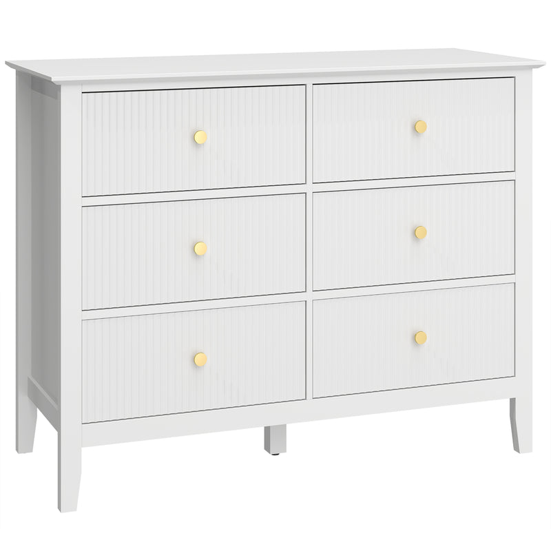 White 6 Drawer Chest of Drawers With Fluted Drawer Fronts and Gold Knobs - 100x40x78cm Homcom