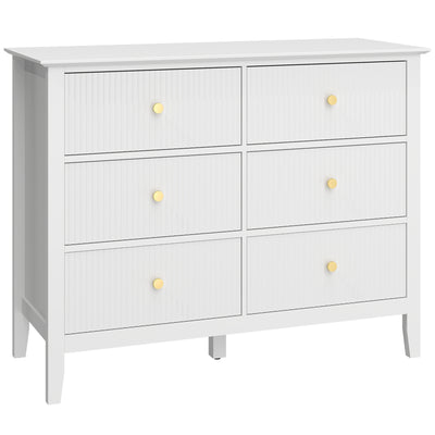 White 6 Drawer Chest of Drawers With Fluted Drawer Fronts and Gold Knobs - 100x40x78cm Homcom