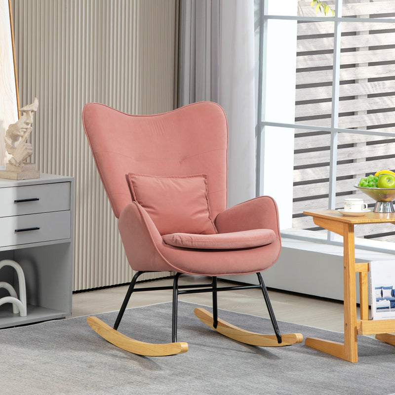Pink Velvet Feel Rocking Armchair with Padded Seat and Wooden Base by HOMCOM