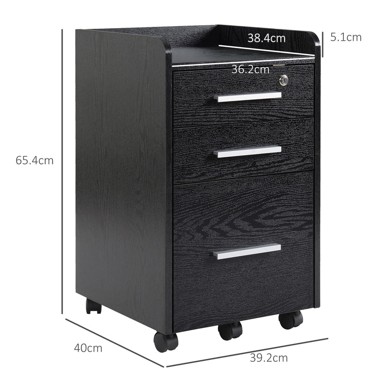 Black Three Drawer Lockable Mobile Filing Cabinet for Home Office by HOMCOM