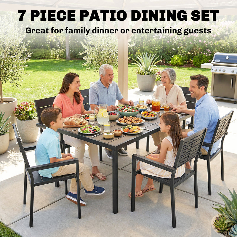 Garden Dining Set for 6 with Weather Resistant Table and Supportive Chairs Black