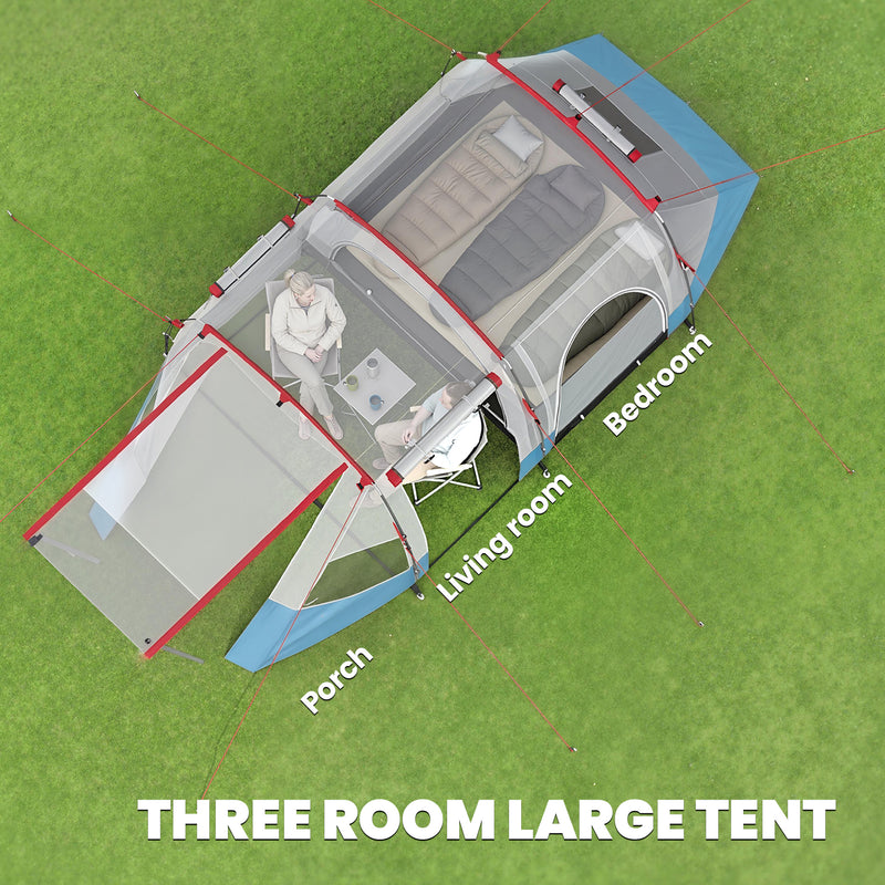 Outsunny 6-8 Person Tunnel Tent, Camping Tent with Bedroom, Living Room, Sewn-in Floor, 3 Doors and Carry Bag, 2000mm Water Column for Fishing, Hiking, Sports, and Traveling, Blue
