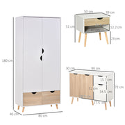 3 Piece Bedroom Furniture Set with Wardrobe Storage and Bedside Table, White and Wood AOSOM