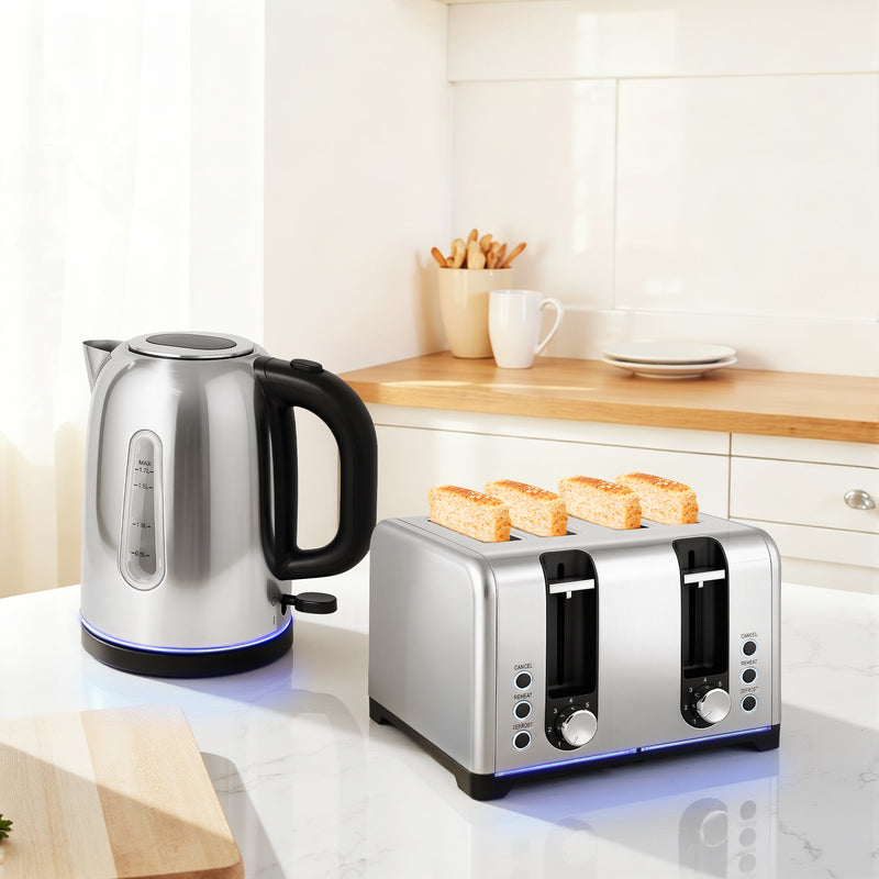 1.7L Rapid Boil Kettle and 4 Slice Toaster Set With Adjustable Browning Control Silver
