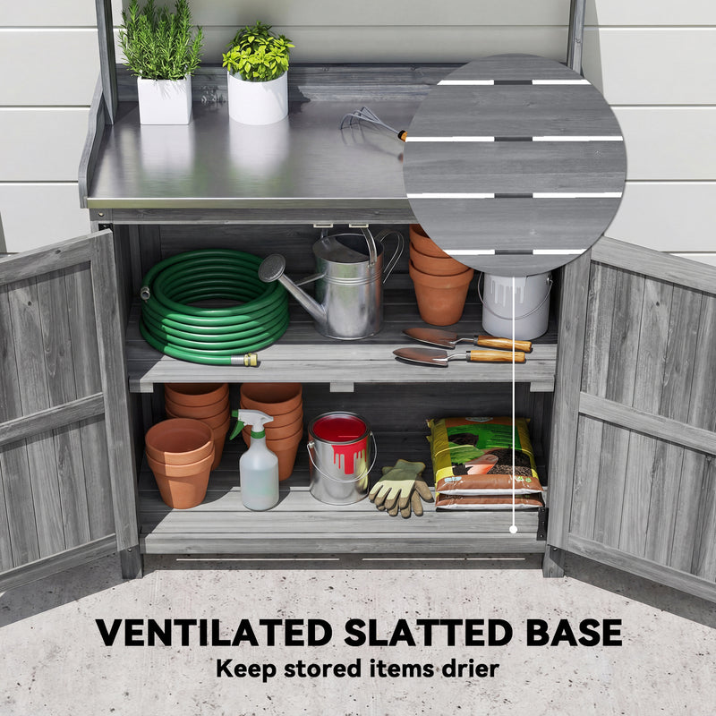 Grey Wooden Garden Potting Bench with Metal Worktop and Storage Cupboard for Outdoor Organisation