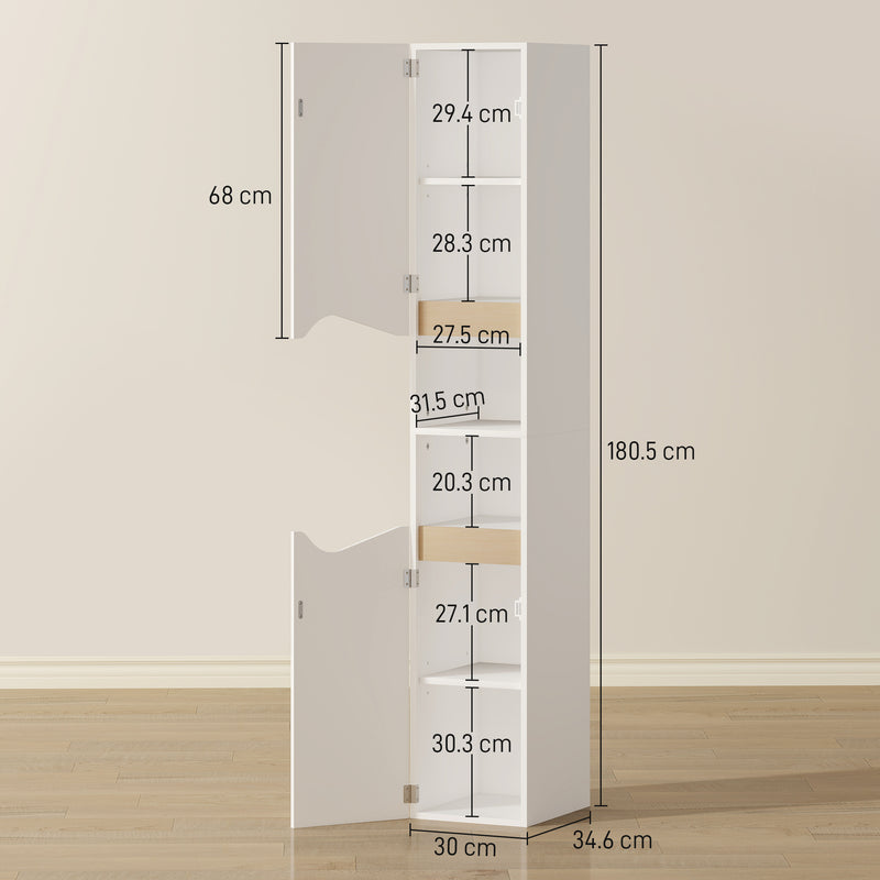 Tall Slim Bathroom Storage Cabinet with Shelves and Double Doors for Small Spaces White AOSOM