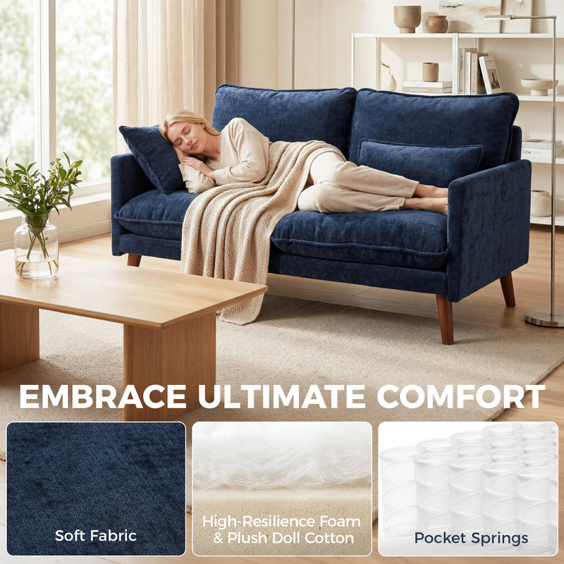 2 Seater Compact Sofa for Small Spaces with Supportive Cushions and Velvet Feel Blue