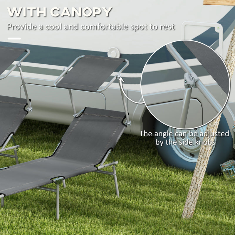 Set of 2 Grey Foldable Sun Loungers with Adjustable Backrest and Sun Shade for Garden