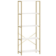 Gold and White Shelves For Living Room - 5 Tier Bookcase For Room Organisation - Gold Metal Frame With White Shelves Homcom