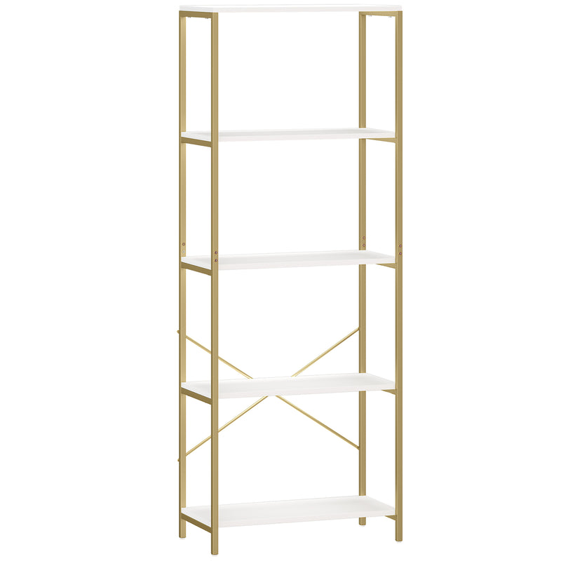 Gold and White Shelves For Living Room - 5 Tier Bookcase For Room Organisation - Gold Metal Frame With White Shelves Homcom