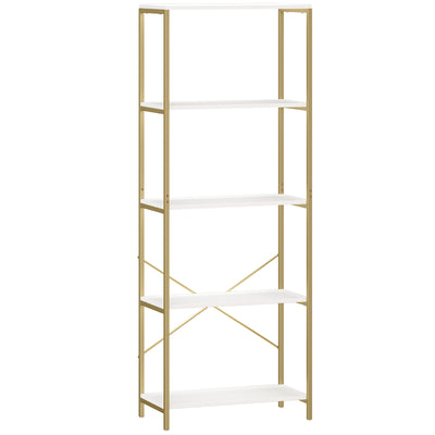 Gold and White Shelves For Living Room - 5 Tier Bookcase For Room Organisation - Gold Metal Frame With White Shelves Homcom