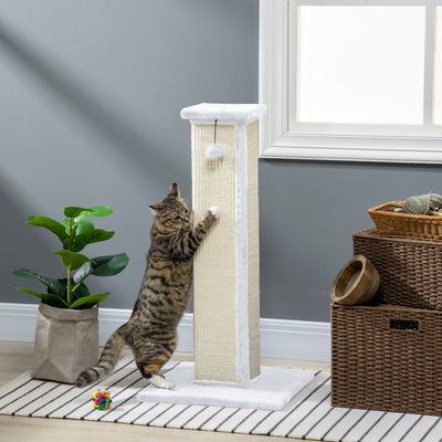 White 81cm Cat Scratcher with Sisal Rope Hanging Ball and Soft Plush by PawHut