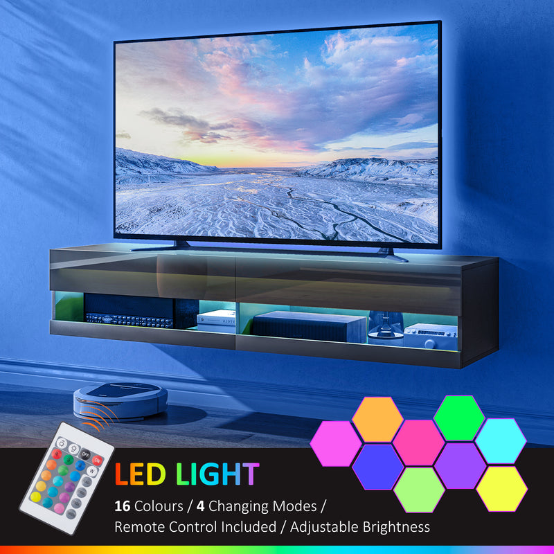 Wall Mounted TV Unit With LED Lights And Storage For TVs Up To 65 Inches, Black