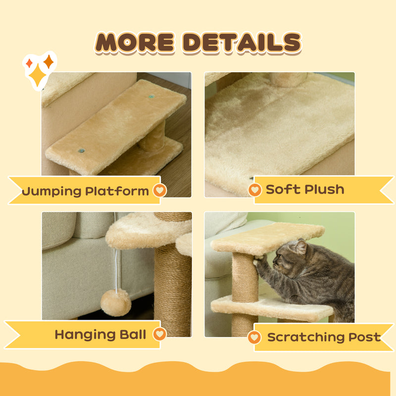 Beige Adjustable Cat Steps with House and Hanging Toy for Indoor Play by PawHut