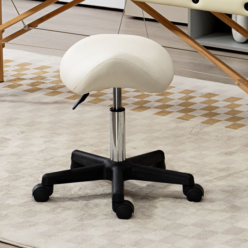 Adjustable Saddle Stool with PU Leather Seat and Wheels for Salon or Spa Use White
