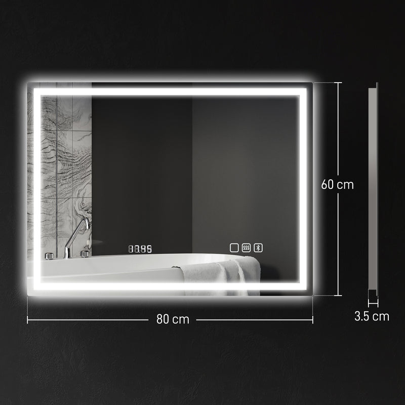 Silver LED Bathroom Mirror with Bluetooth Anti-Fog Function and Clock 60 x 80 cm