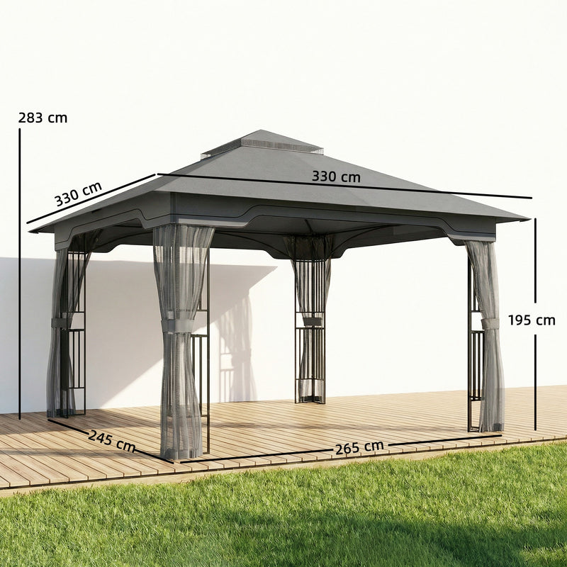 3.3 x 3.3m Metal Gazebo with Mesh Sides for Cool Shaded Outdoor Relaxing and Dining, UPF50+ Dark Grey Outsunny