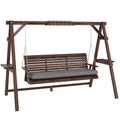 Wooden Garden Swing Chair for 3 with Cushioned Seat and Side Shelves, Carbonised Brown Outsunny