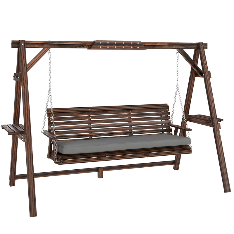 Garden Swing Chair for Three with Cushioned Seat and Side Shelves Carbonised Brown