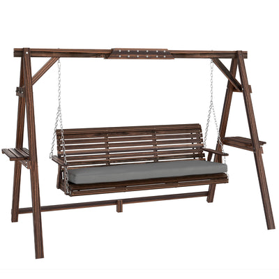 Wooden Garden Swing Chair for 3 with Cushioned Seat and Side Shelves, Carbonised Brown Outsunny
