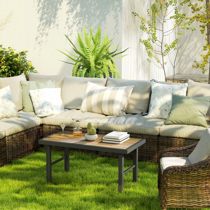 Metal Rectangular Garden Coffee Table with Woodgrain SPC Tabletop for Outdoors 100cm Brown by Outsunny