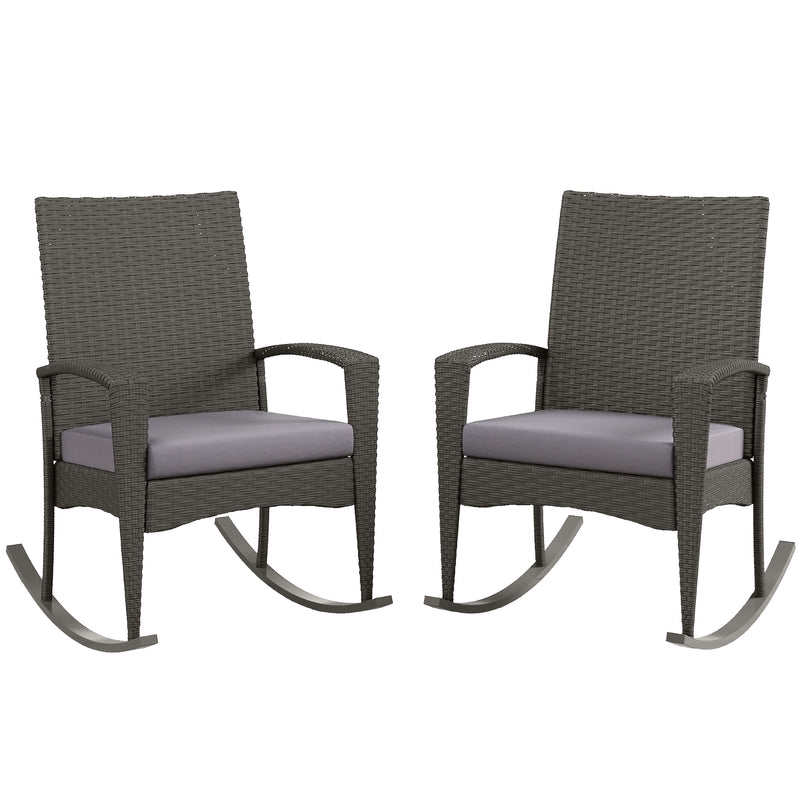 Set of 2 Rattan Garden Rocking Chairs With Cushions and Armrests For Outdoor Use, Grey