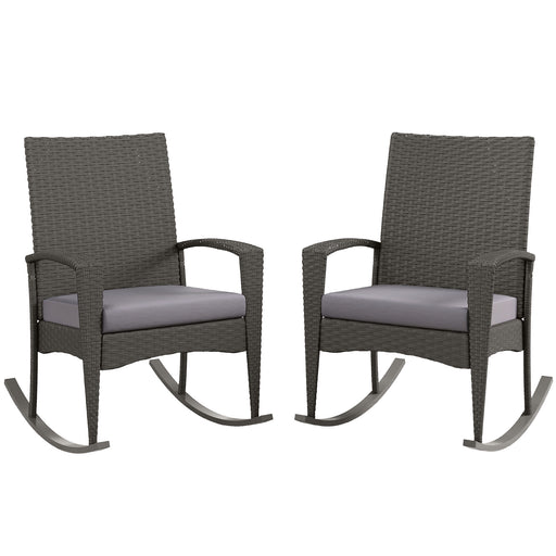 Set of 2 Rattan Garden Rocking Chairs With Cushions and Armrests For Outdoor Use, Grey