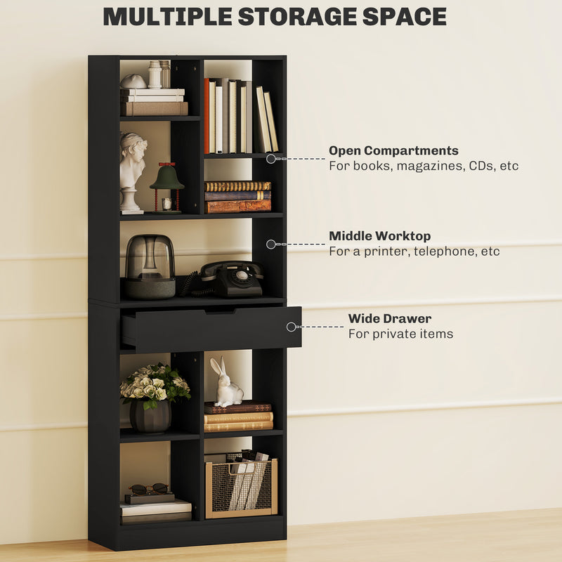 Tall Freestanding Bookshelf with Drawer for Home Office or Bedroom Storage Black