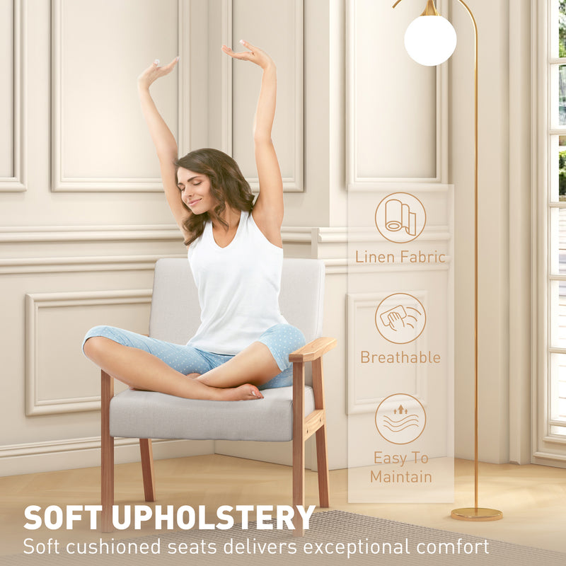 Accent Armchair with Wide Wooden Frame and Thick Linen Seat for Home or Office Cream White