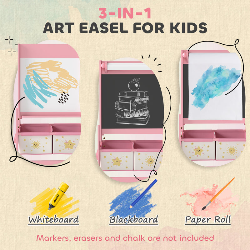 Double Sided Kids Art Easel With Paper Roll And Storage Boxes For Ages 3 To 8, Pink