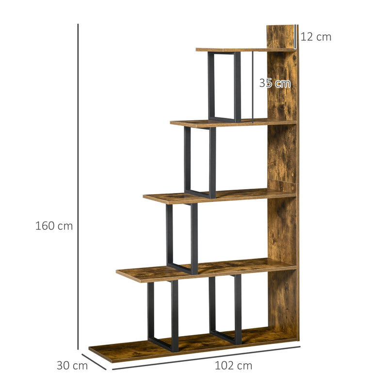 5 Tier Ladder Bookcase with Anti Tip Storage Shelves for Home or Office Rustic Brown AOSOM