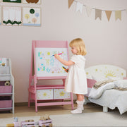 Double Sided Kids Art Easel With Paper Roll And Storage Boxes For Ages 3 To 8, Pink