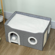 Foldable Indoor Cat House with Scratch Pad and Hanging Toy for Small Pets Grey