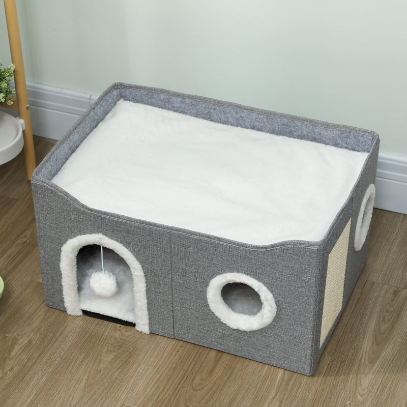 Foldable Indoor Cat House with Scratch Pad and Hanging Toy for Small Pets Grey